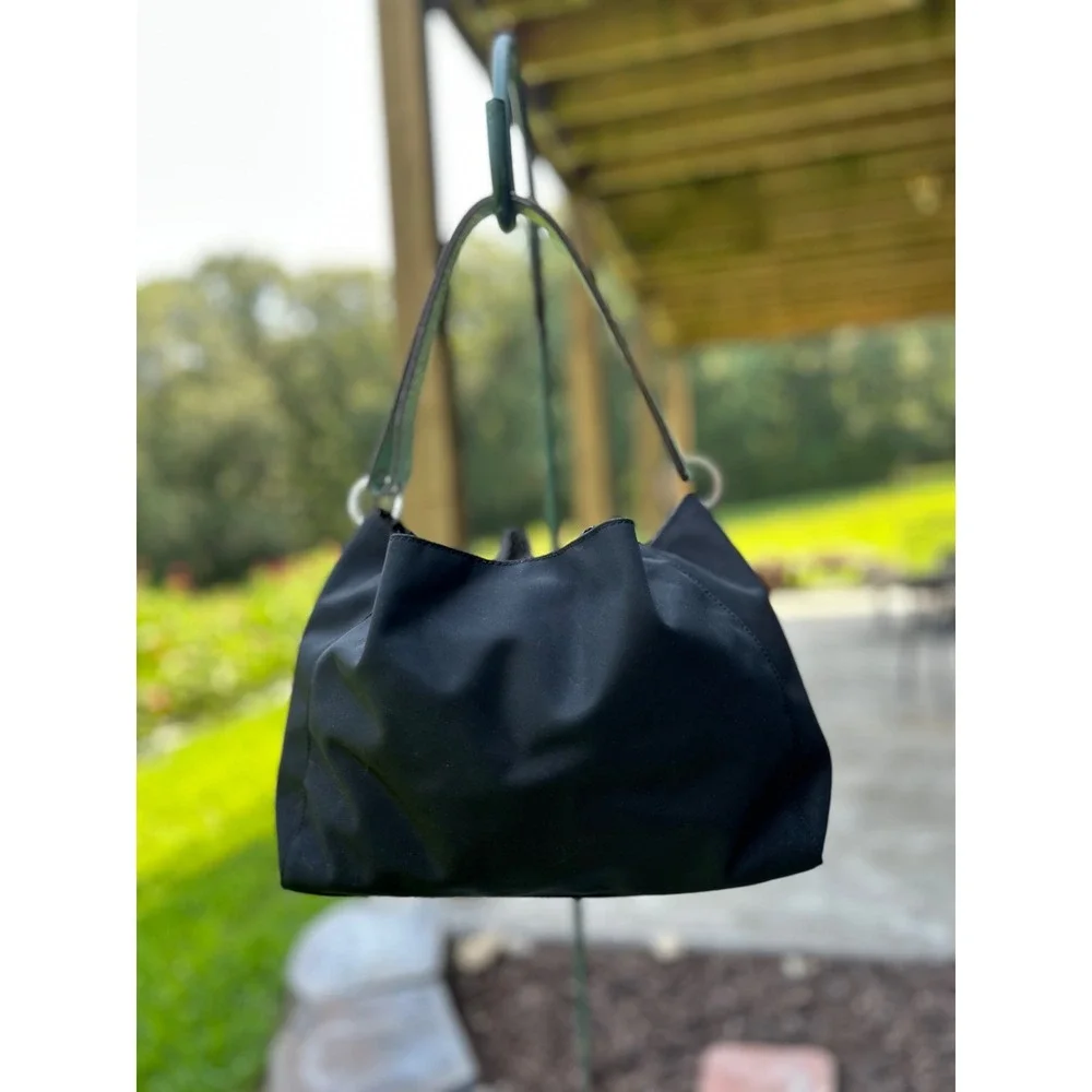 Kate Spade Drawstring Shoulder or Tote Bag Black Green Trim Nylon Like New!